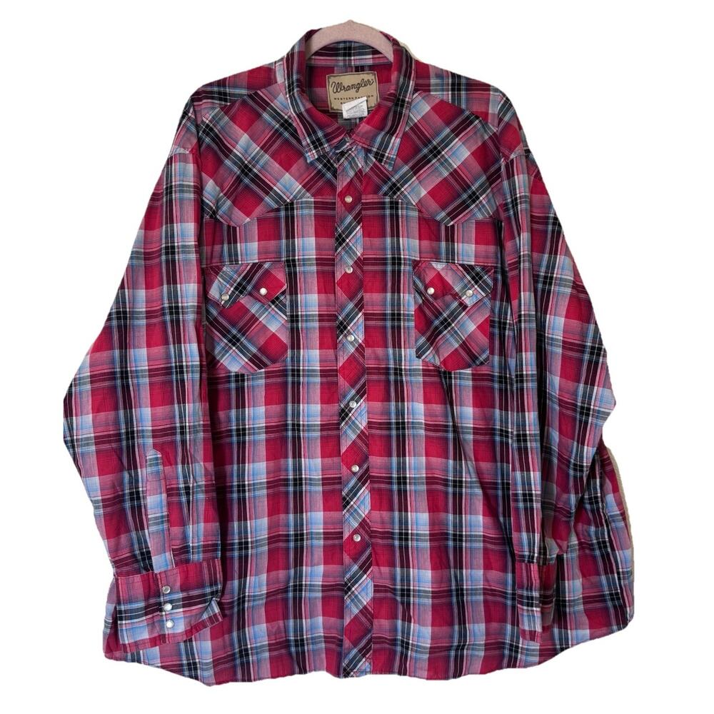 Wrangler Red Plaid Pearl Snap Mens Dress Shirt 3XL Western Cowboy